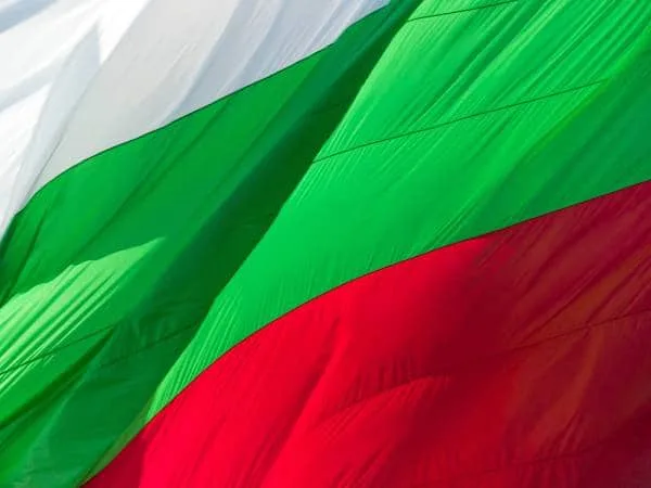 Close-up view of a floating Bulgarian flag.