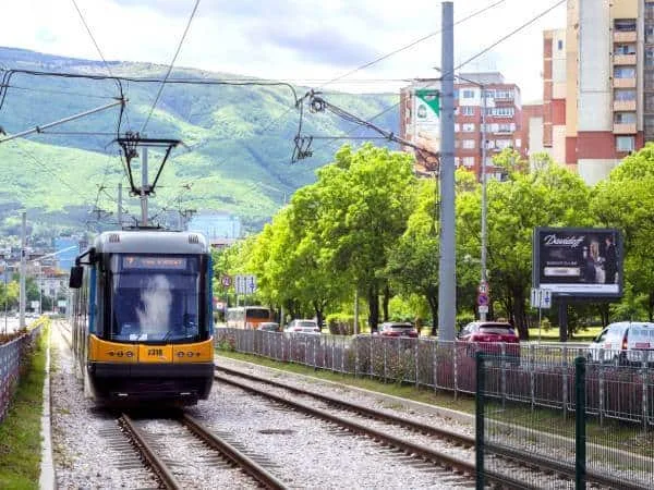 A tram in the city center of Sofia, Bulgaria.