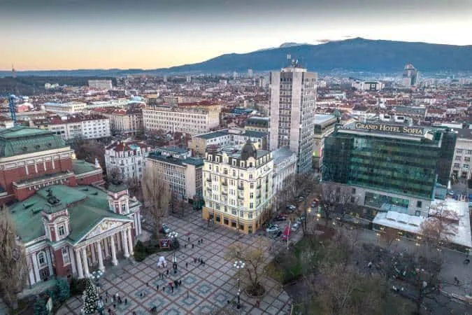 Aerial view of the National Theater "Ivan Vazovo" and real estate properties in Sofia.