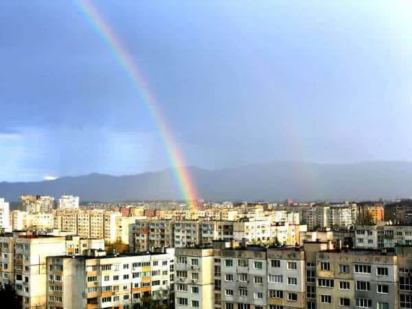 A rainbow over the city of Sofia, Bulgaria.