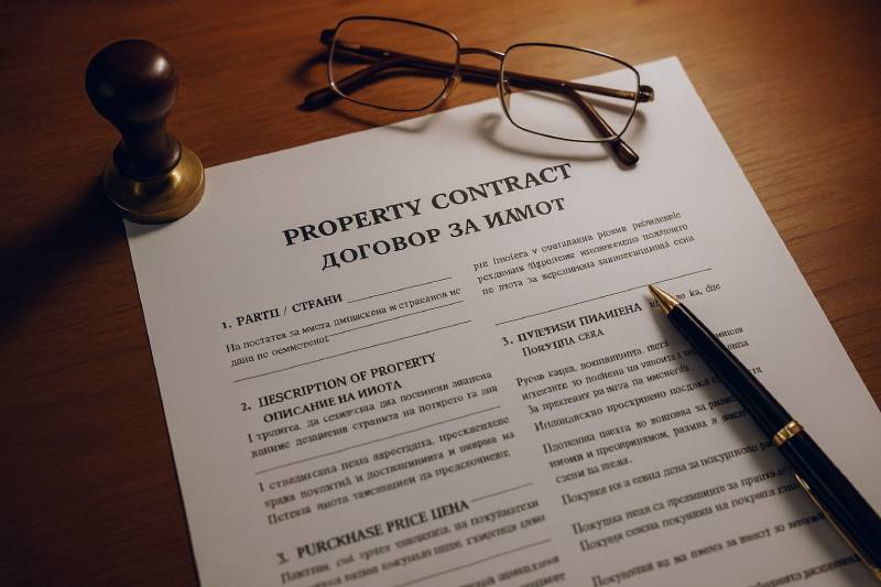 Bulgaria Property Investment - Invest in Bulgaria 18 Close-up of a bilingual Bulgarian property contract with notary stamp, pen, and eyeglasses on a desk, symbolizing transparency and due diligence.