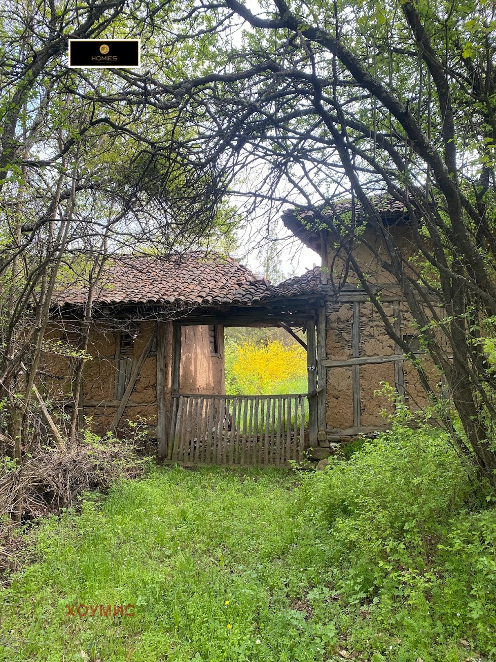 Стара каменна сграда с керамични плочки под дърветата