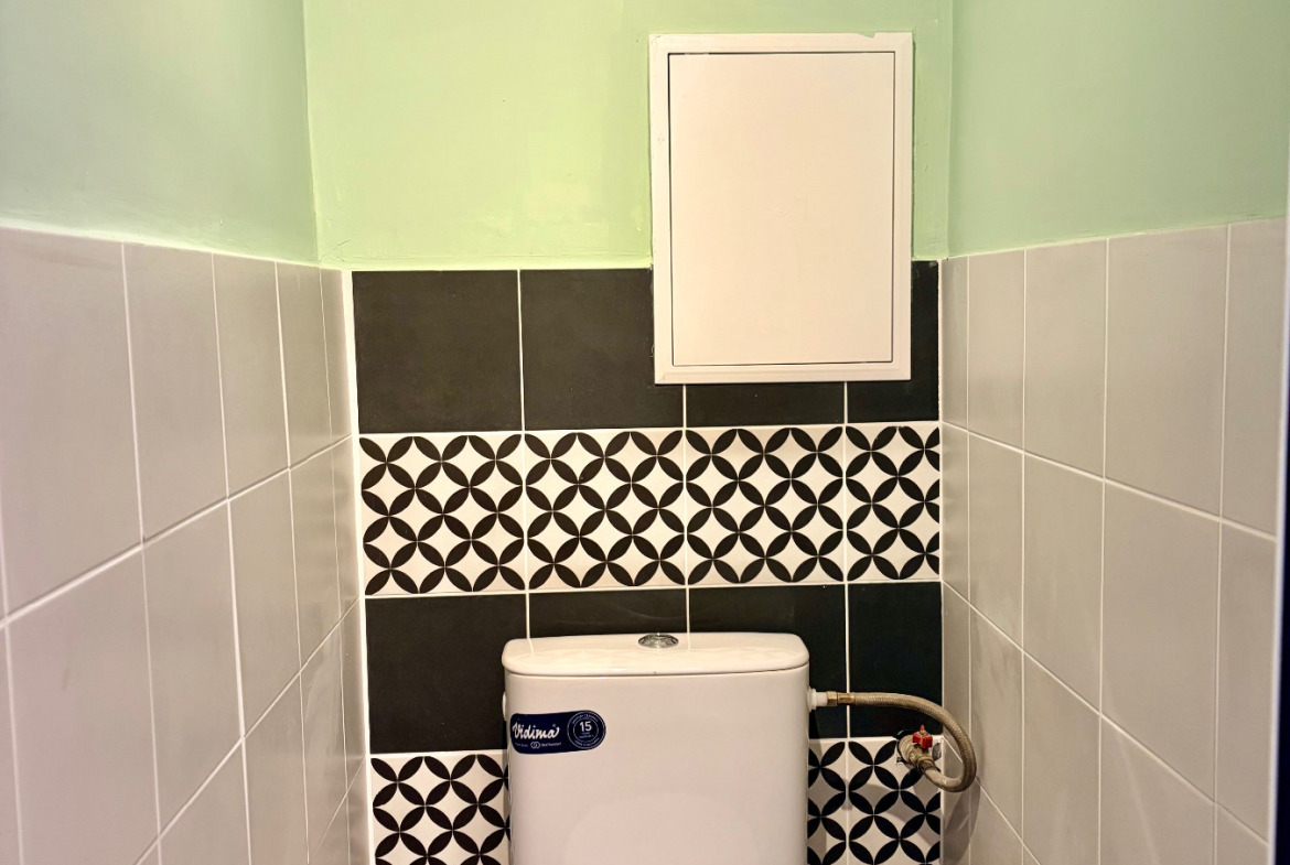 Малко WC със зелена стена и монохромни плочки