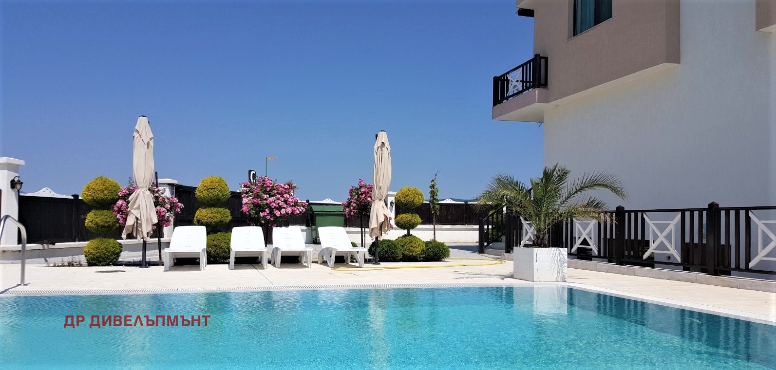 Luxury pool with loungers and white umbrellas