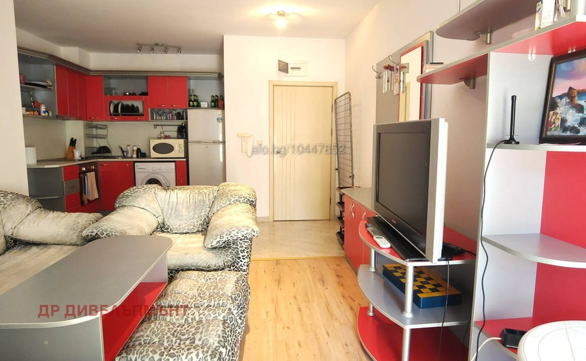 Living room with leopard print sofa and red kitchen
