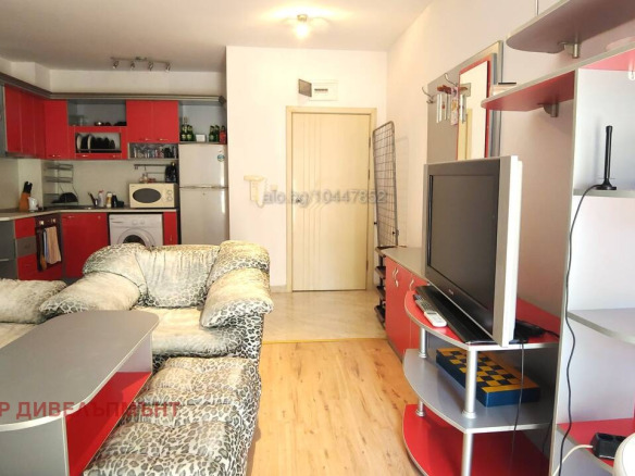 Living room with leopard print sofa and red kitchen