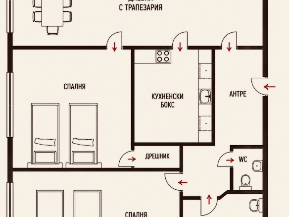 Floor plan two-bedroom apartment 68 sqm Sofia