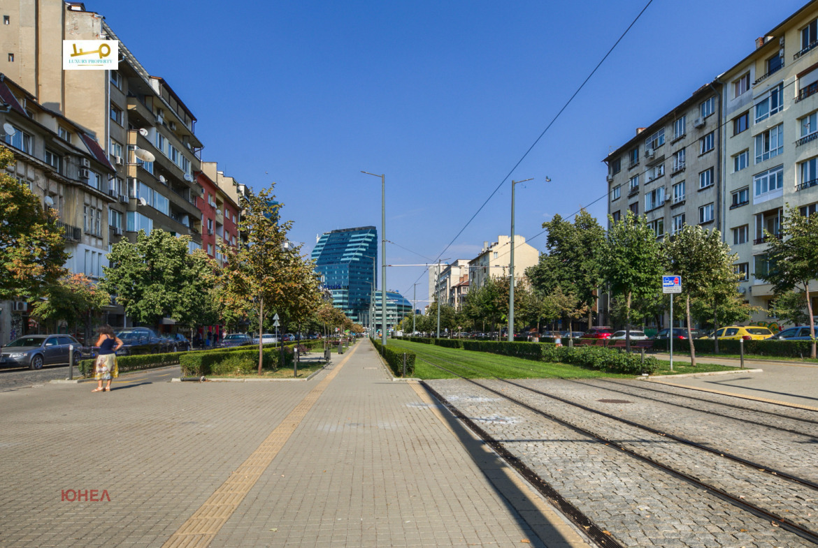 Wide boulevard with tram tracks, tree-lined median, pedestrian pavement, modern glass building in background