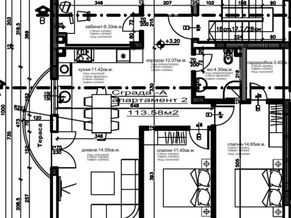 Четиристаен апартамент 114 кв.м за продажба в Каменар | Три тераси и кабинет 5 Архитектурен план на тристаен апартамент 114 кв.м