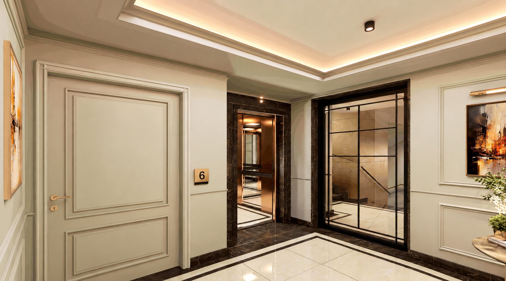 dvustaen-apartament-52-sqm-za-prodazhba-oborishte-madrid-residence-4 Коридор с дръжки на лифт и стълби