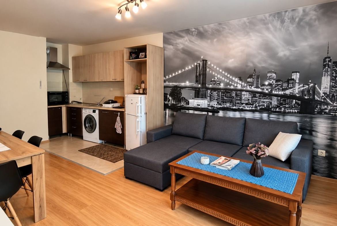 dvustaen-apartament-60-sqm-pod-naem-plovdiv-kamenitsa-1-tsentar-2 Хол с тъмен диван и градски пейзаж постер