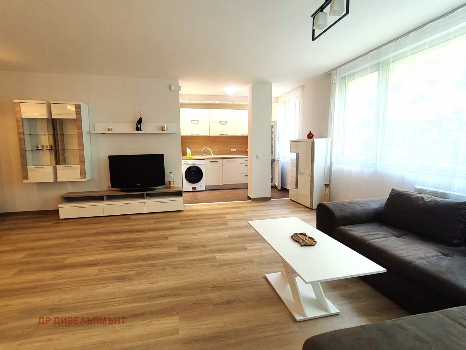 Spacious living room with kitchen and dark sofa