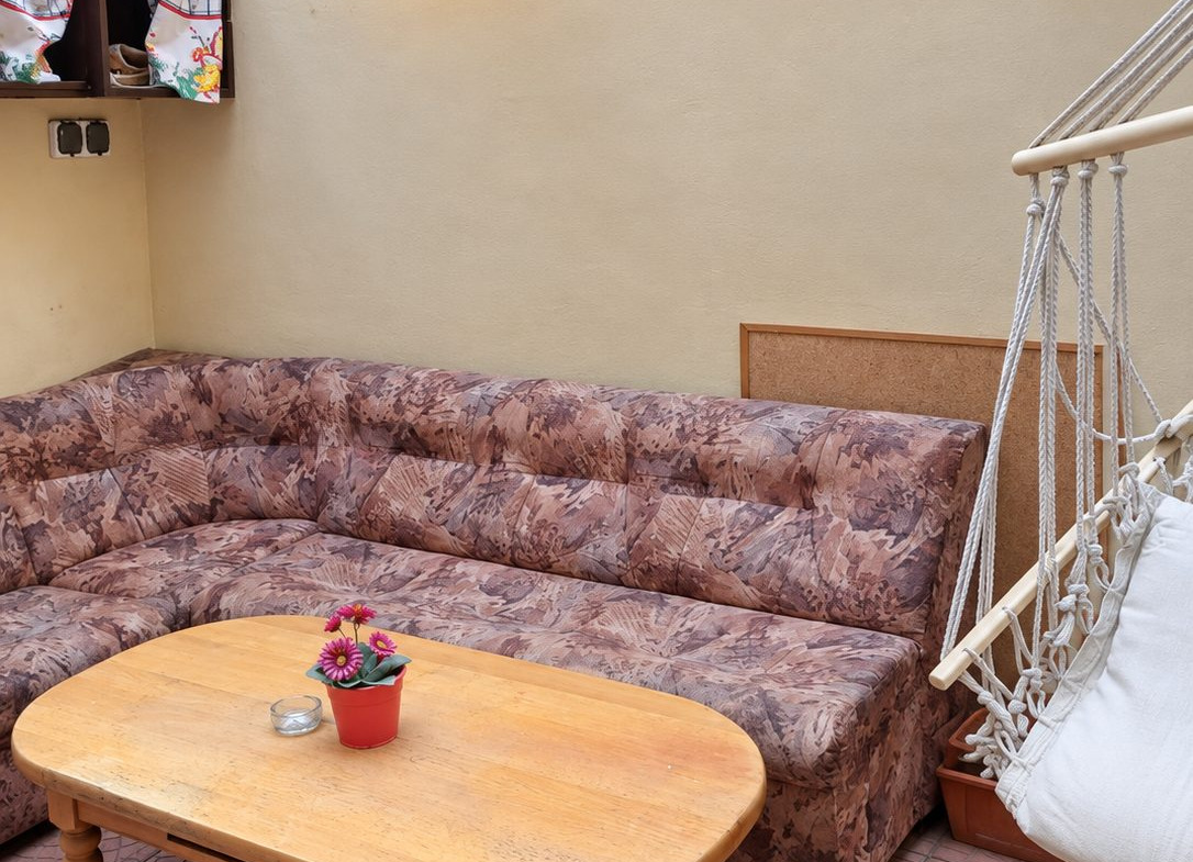 Linen sofa with dog pillow in yellow room