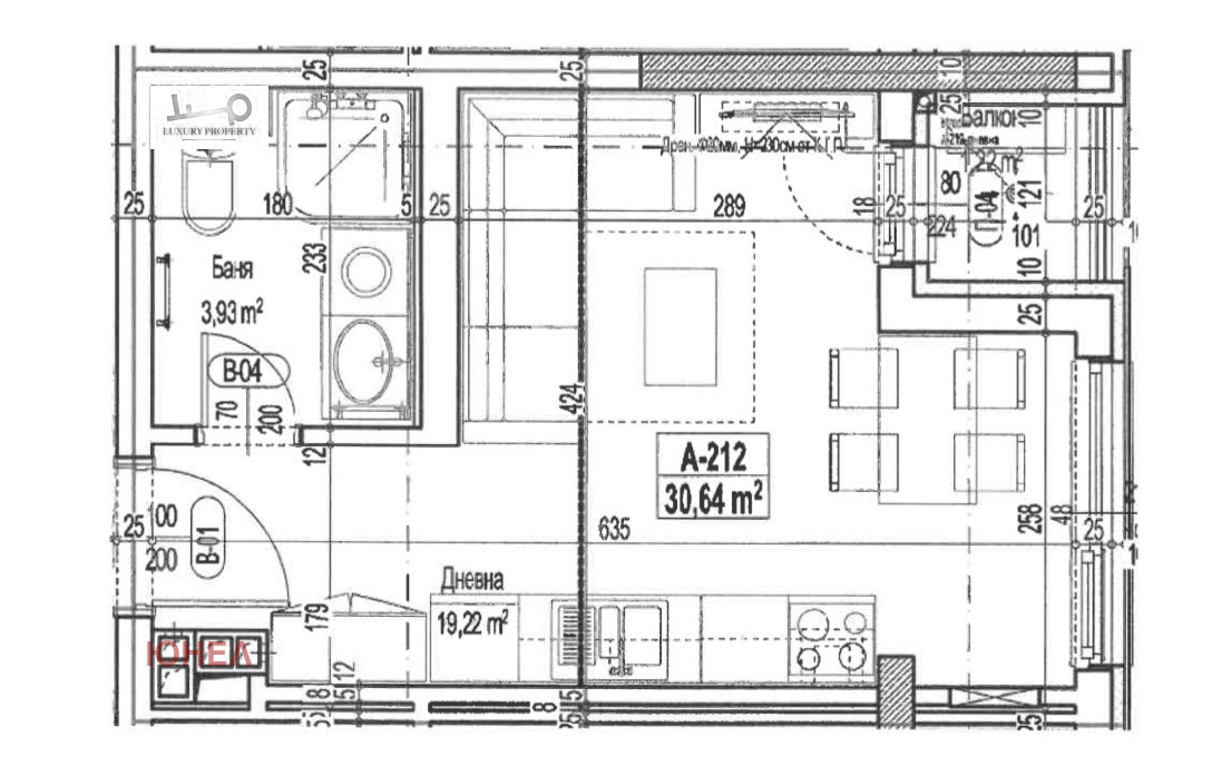 Studio apartment floor plan 30.64 sqm with kitchen