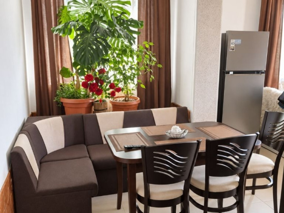 Floor of House in Tsarkva with corner sofa, dining table, chairs, plants, and refrigerator