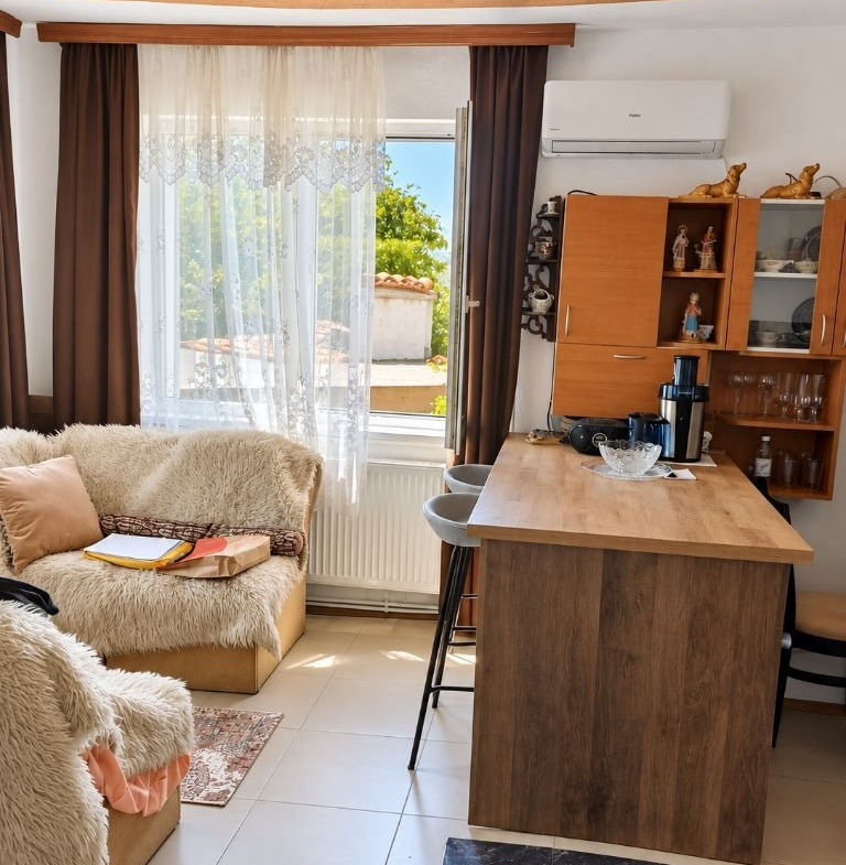 Living area with fur-covered armchair, wooden kitchen island, open balcony door, and wall-mounted air conditioner
