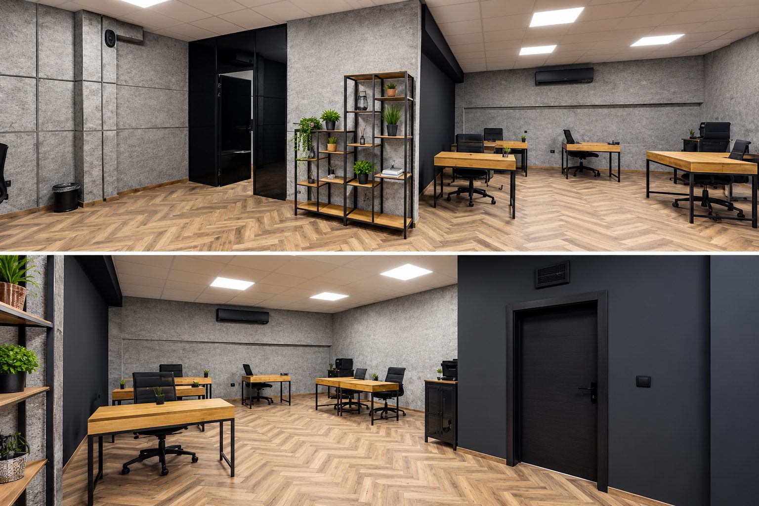 magazin-151-sqm-prodava-varna-konfuto-1 Modern office with wooden parquet and gray walls