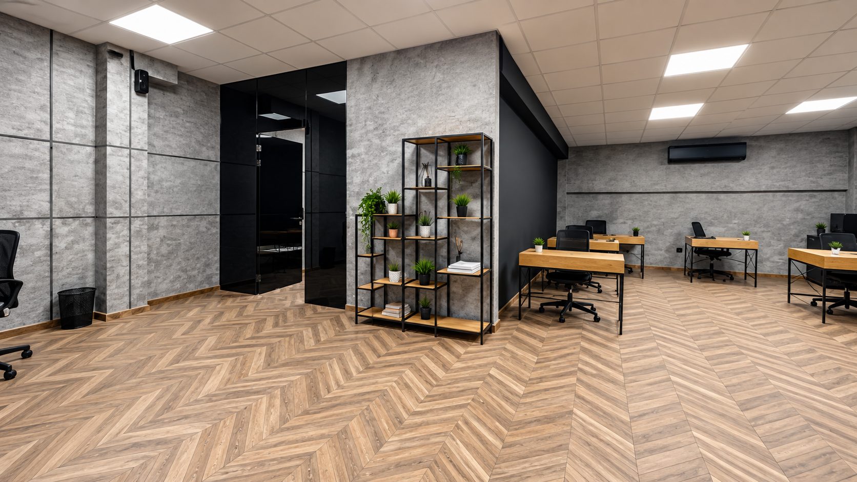 magazin-151-sqm-prodava-varna-konfuto-3 Conference room with wooden tables and green chairs