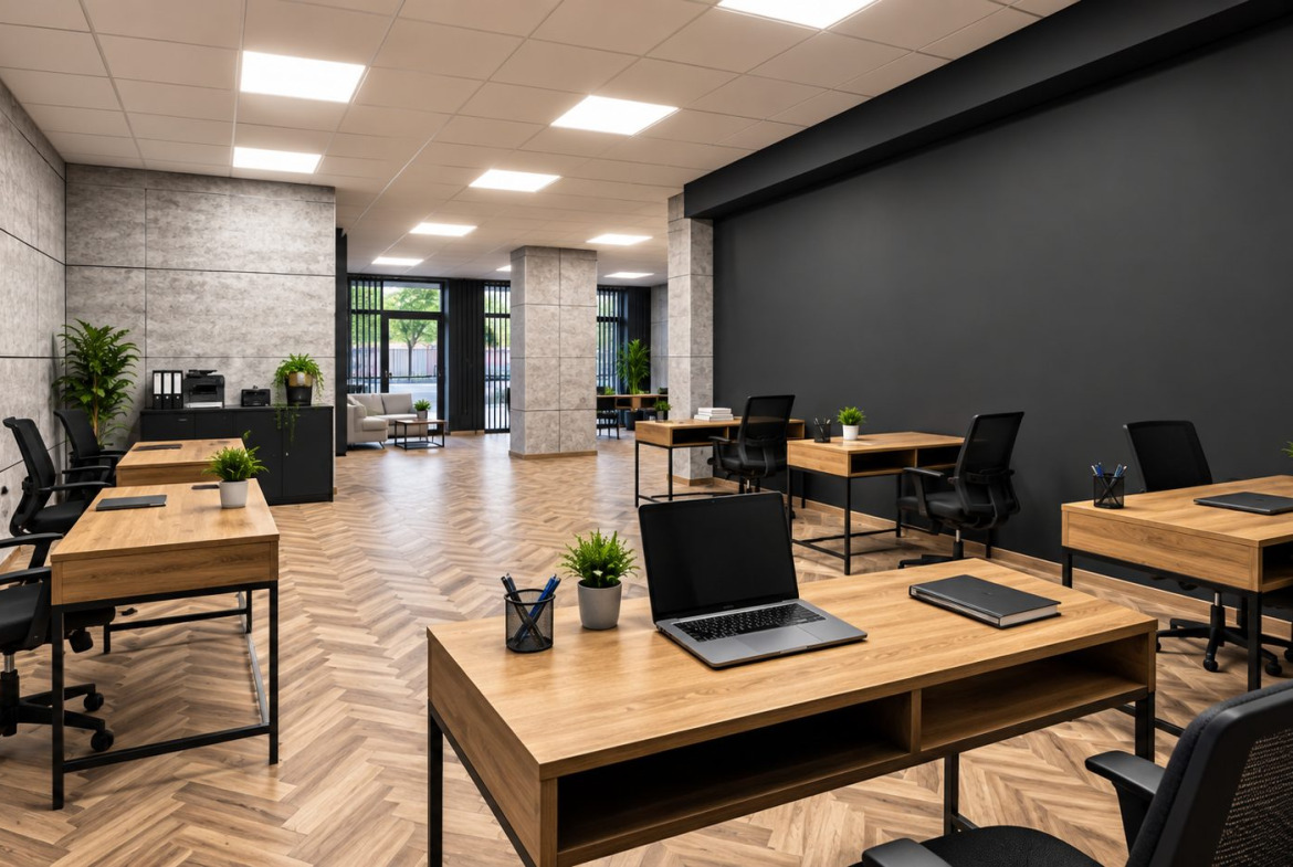 magazin-151-sqm-prodava-varna-konfuto-4 Open office space with wood flooring and black doors