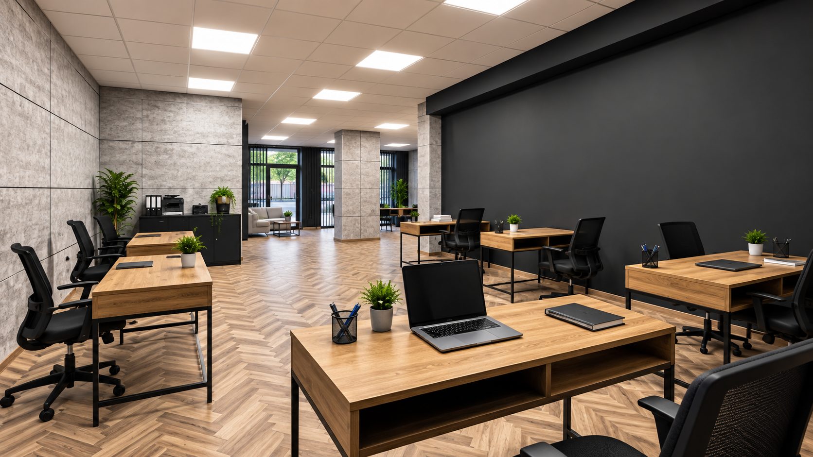 magazin-151-sqm-prodava-varna-konfuto-4 Open office space with wood flooring and black doors