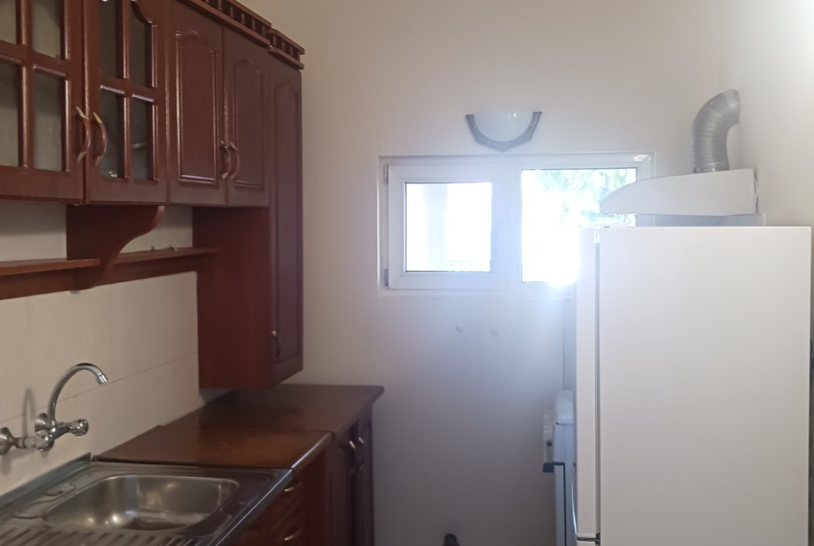 Modern kitchen with red cabinets and refrigerator