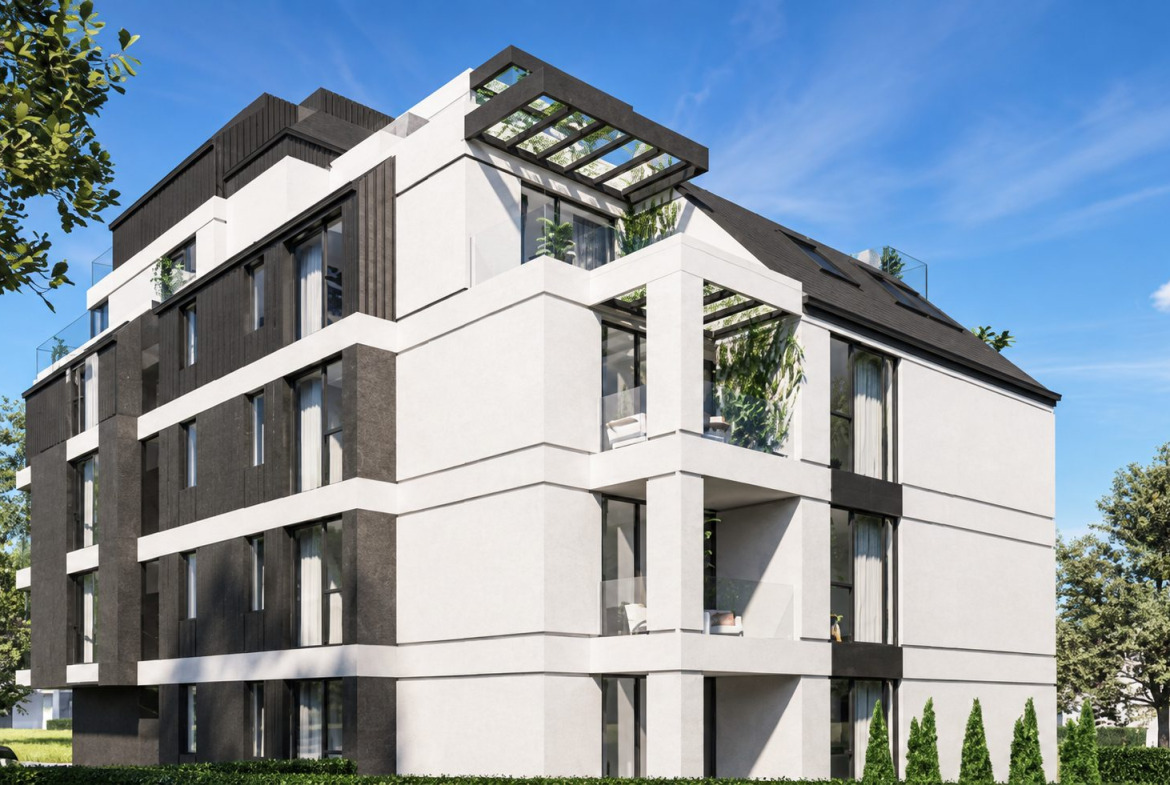 Modern apartment building with white and dark facade