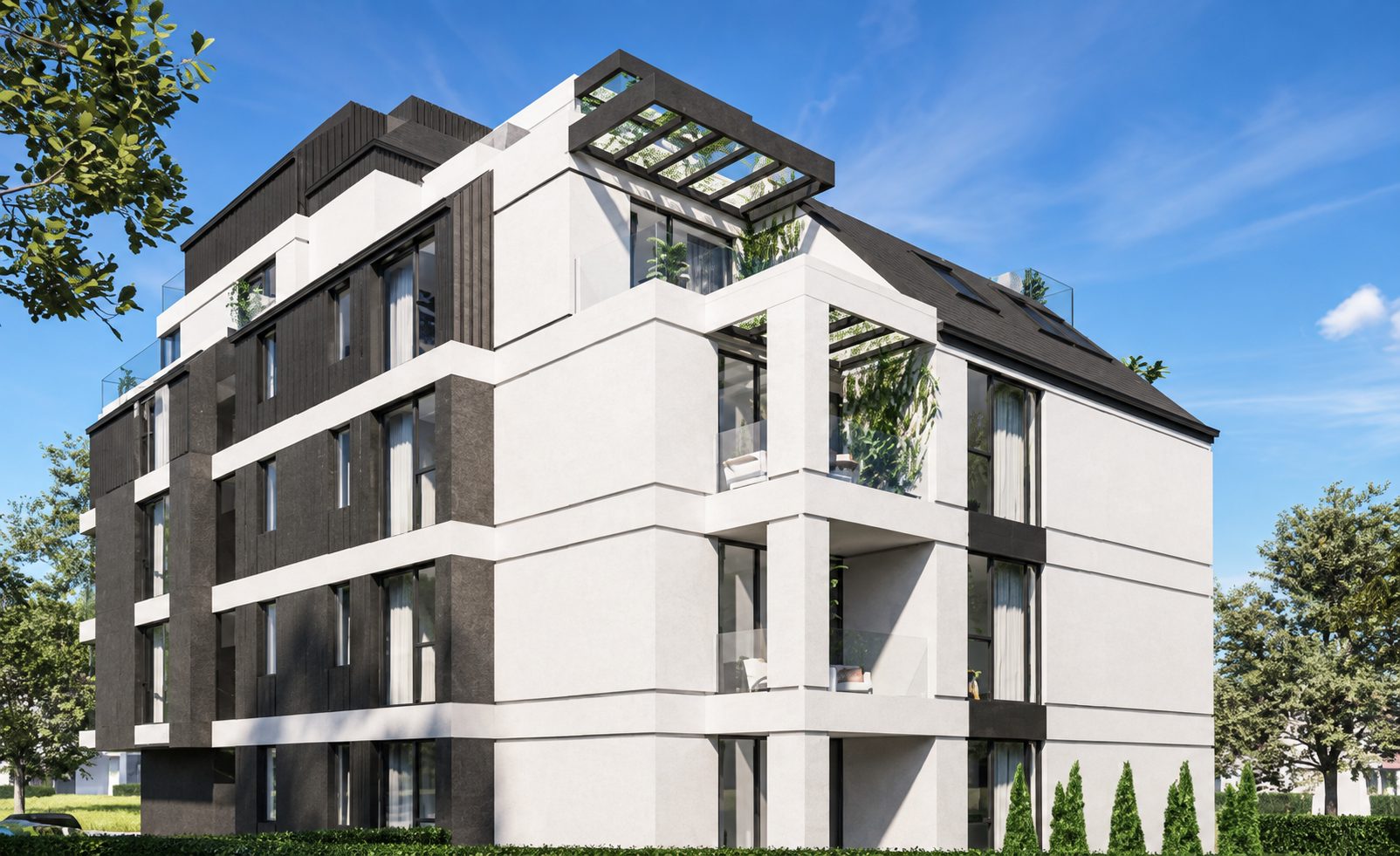 tristaen-apartament-104-kvm-prodazhba-poduyane-asansyor-garazh-1 Modern apartment building with white and dark facade