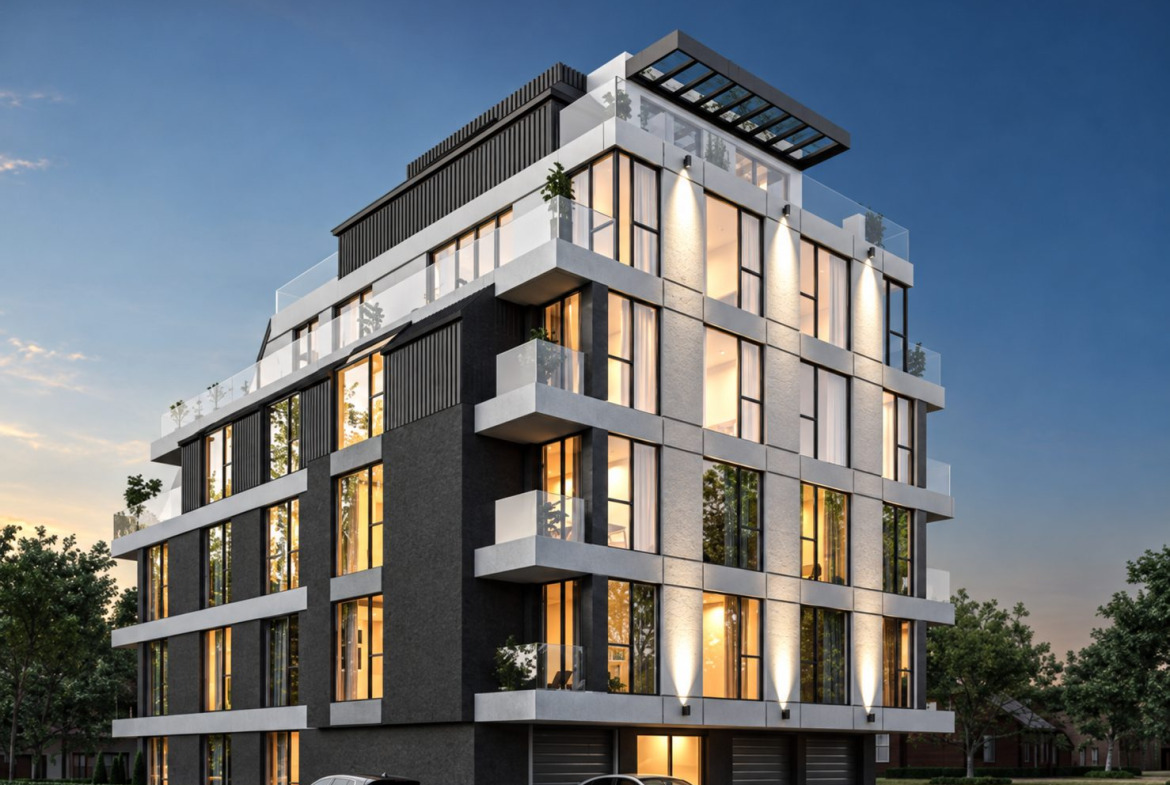 tristaen-apartament-104-kvm-prodazhba-poduyane-asansyor-garazh-2 Contemporary residential building with balconies and garage