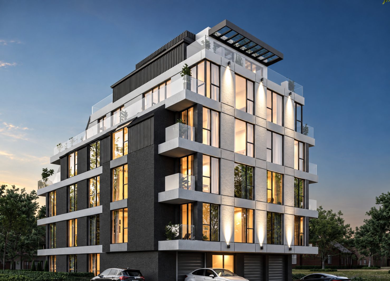 tristaen-apartament-104-kvm-prodazhba-poduyane-asansyor-garazh-2 Contemporary residential building with balconies and garage