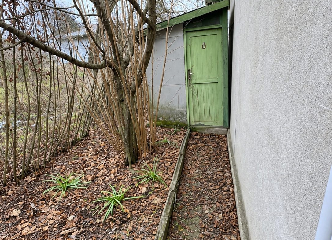 Rubber hose and rusted metal structures in garden