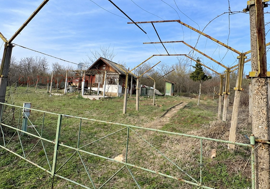 Metal framework structure and green field vegetation