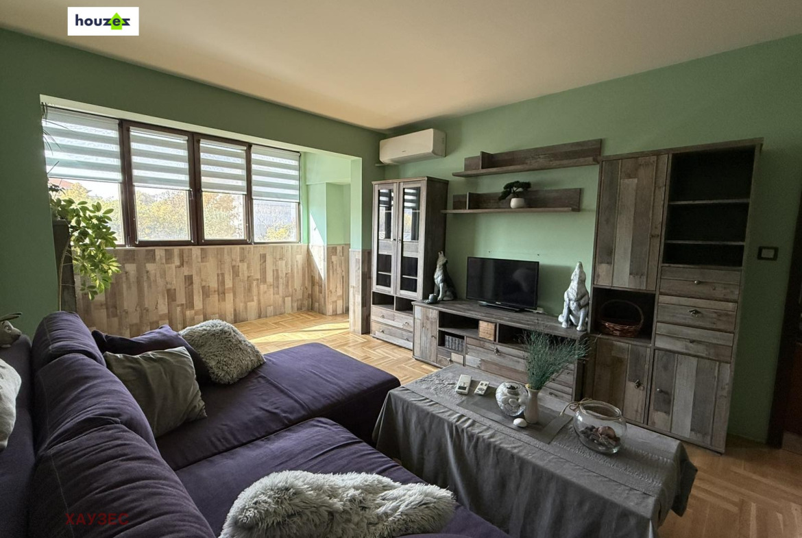One-Bedroom Apartment living room with purple sofa, wood wall unit, TV, green walls, parquet floor, Sofia