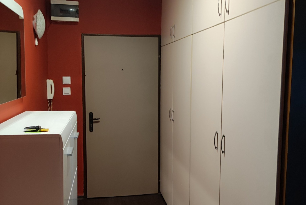 Hallway with tall white built-in wardrobe and red accent wall