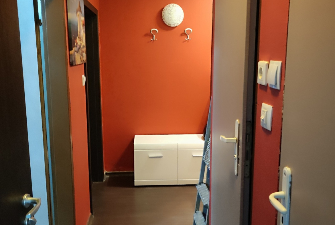Narrow hallway with red walls, coat hooks, and white shoe cabinet
