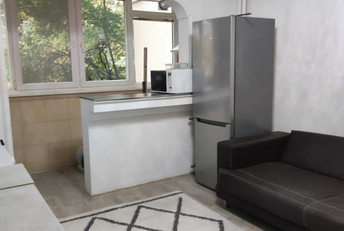 Kitchen area with stainless steel fridge, dark sofa, and large window