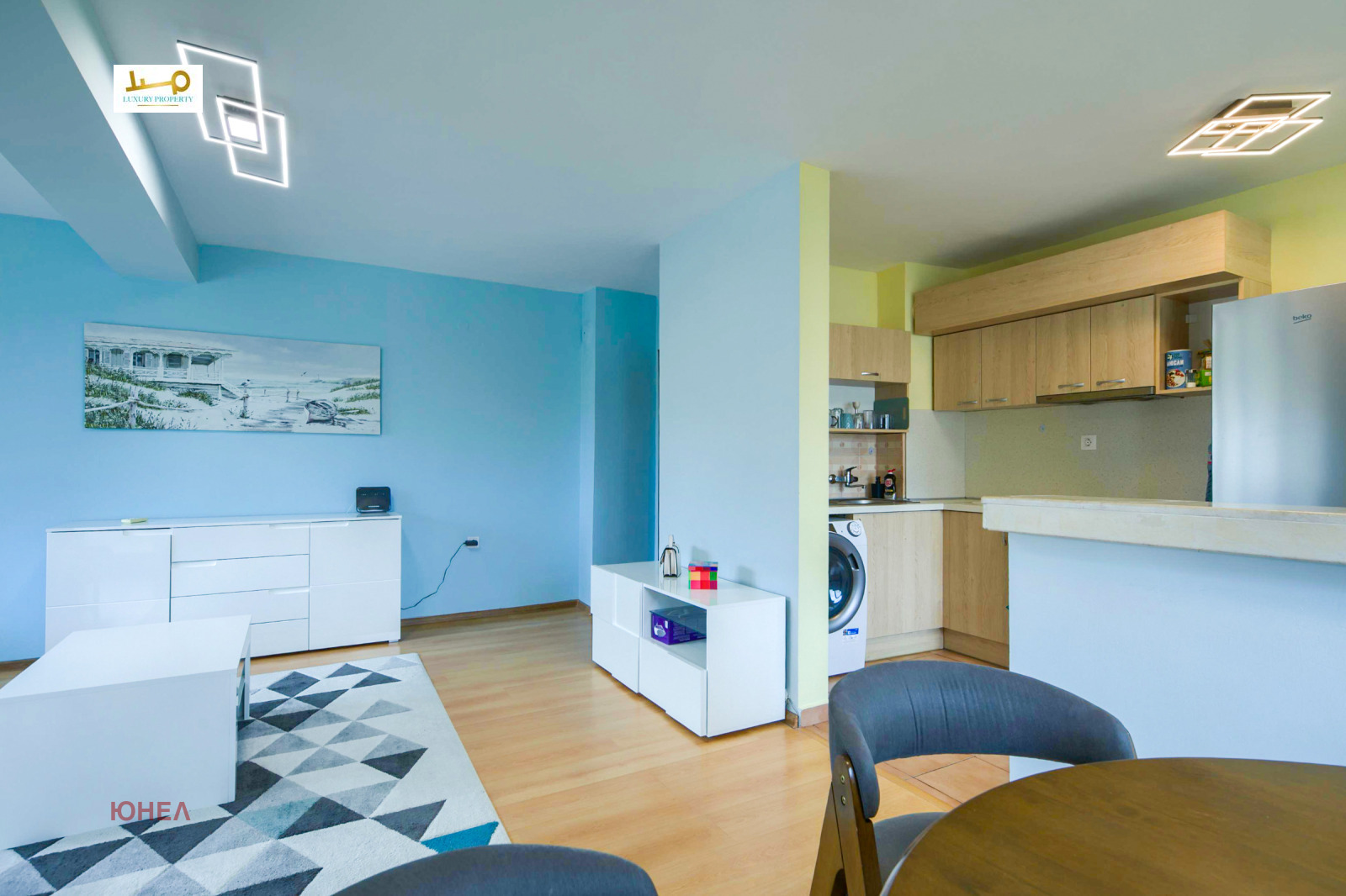 Living area with sofa, white cabinet, open kitchen with wooden units and washing machine